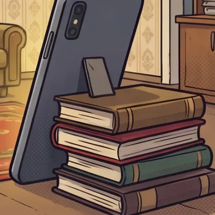 Телефон стоит на полу, опёрт на стопку книг